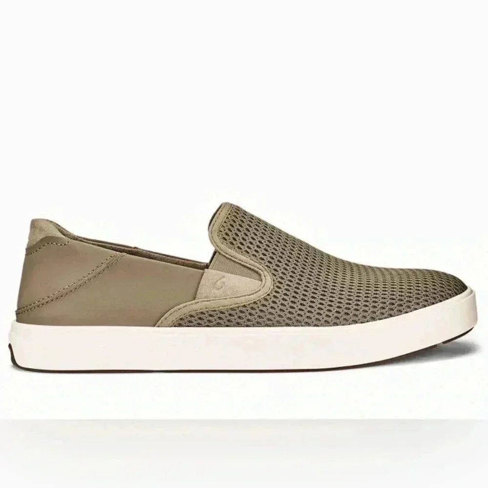 Olukai Pehuea Clay Khaki Green Perforated Textile Round Toe Slip On Sneakers
